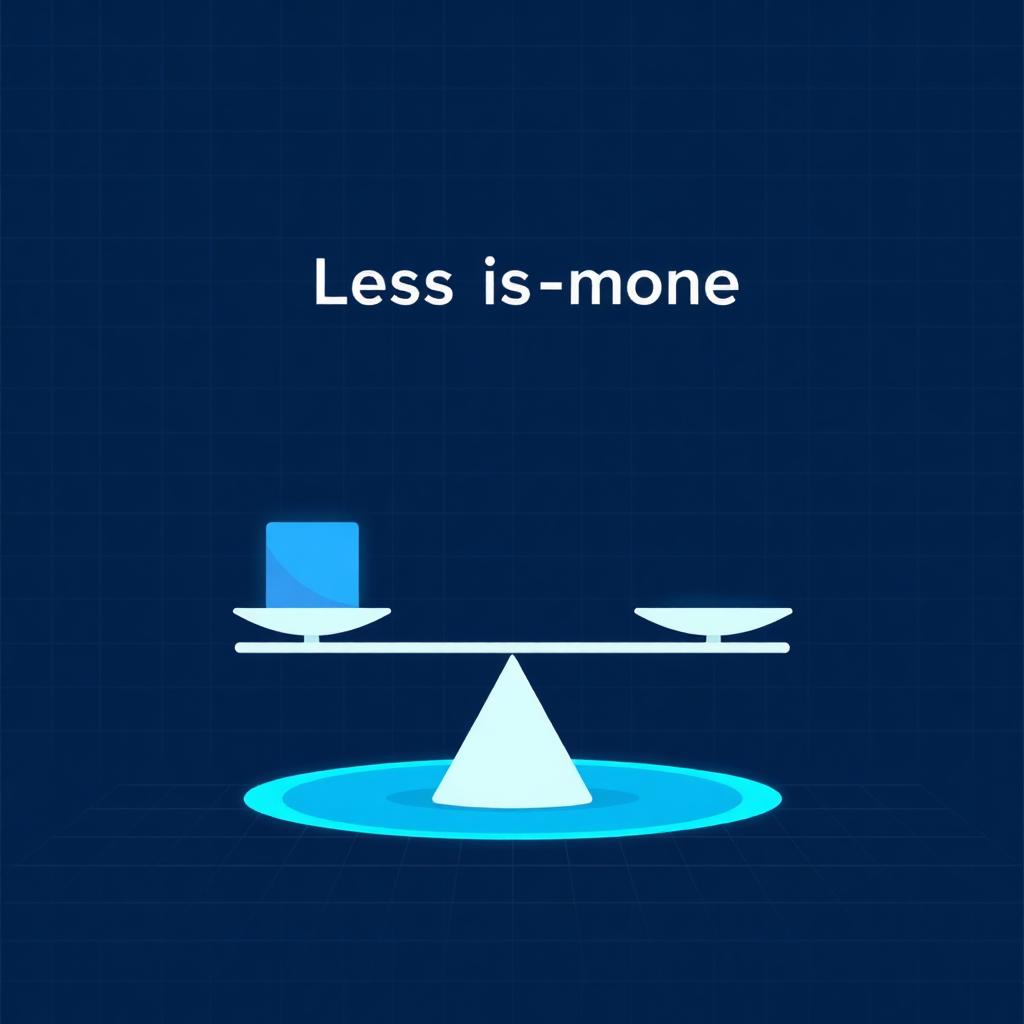 En minimalistisk vægt med en enkelt lille blå terning på den ene side mod et mørkeblåt gitter.