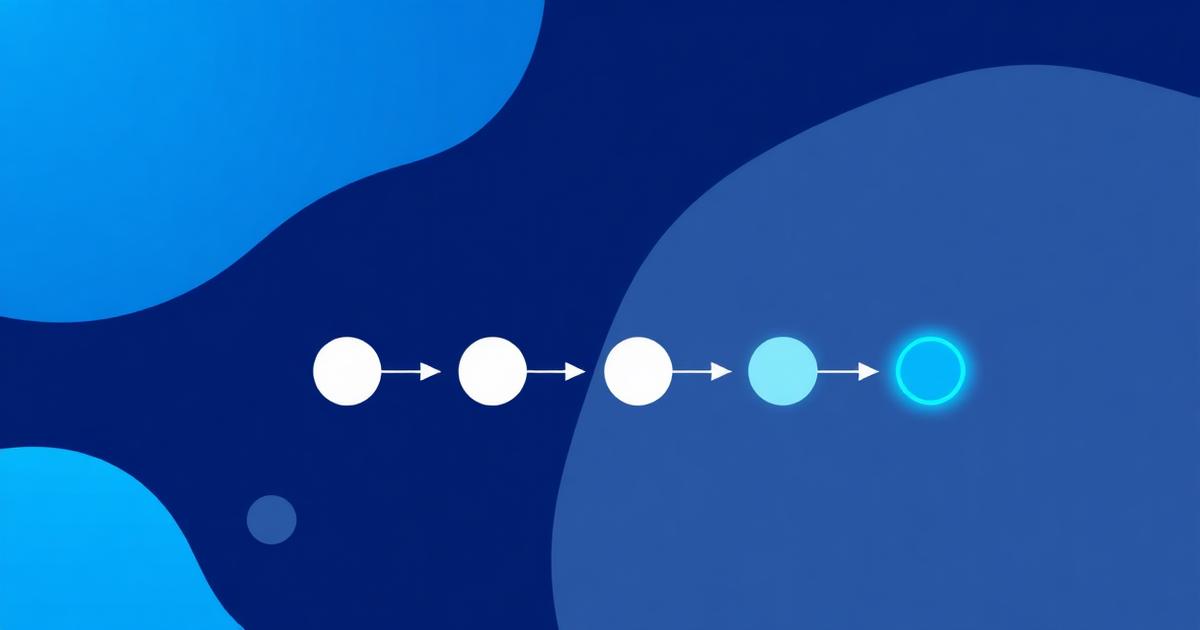 En vandret workflow-kæde med fem noder, hvor den sidste node er fremhævet med et lyseblåt skær.