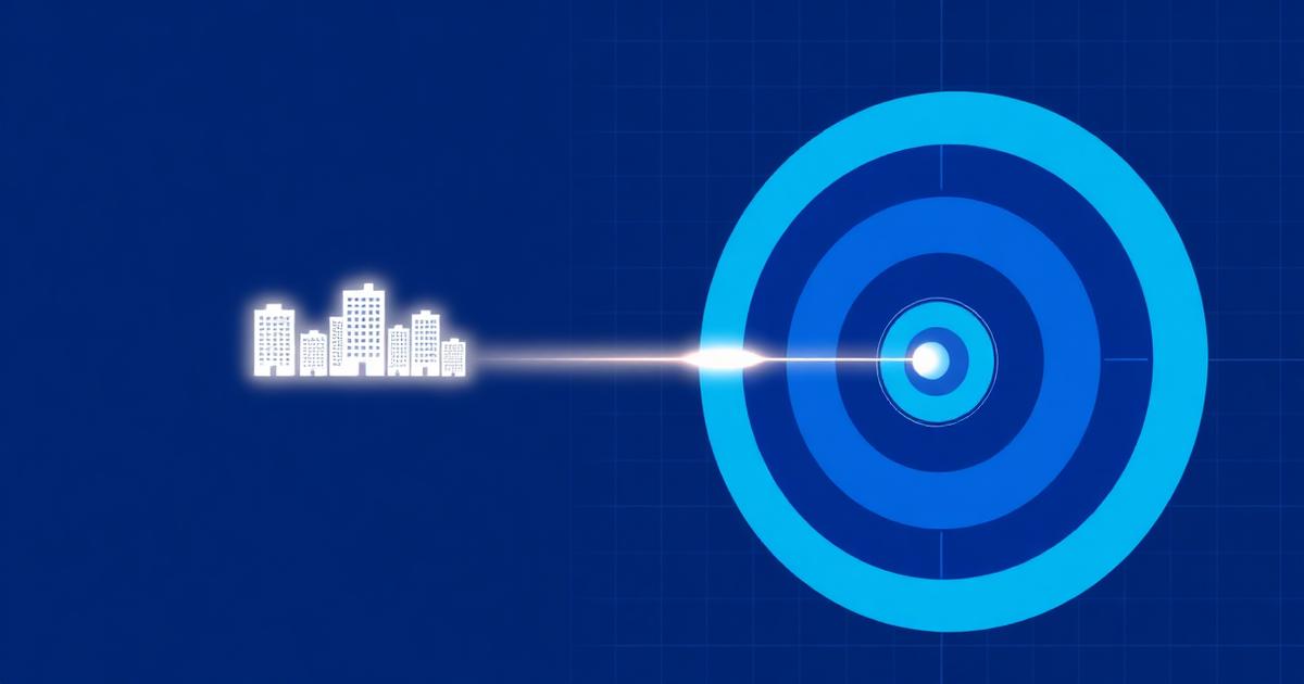 Un bersaglio al centro sulla destra, icone di piccoli edifici aziendali sulla sinistra con linee di tracciamento che puntano al centro.