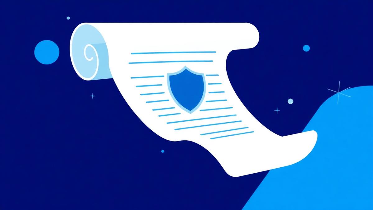 Un rotolo di documento spiegato con l'emblema di uno scudo protettivo su uno sfondo blu marino.
