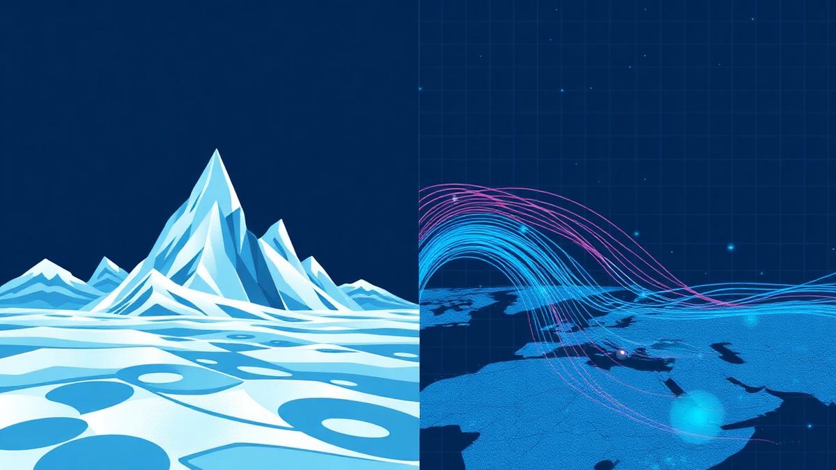 Padalinta kompozicija: šaltas Islandijos peizažas kairėje, šilta žydra signalo banga virš žemėlapio dešinėje.